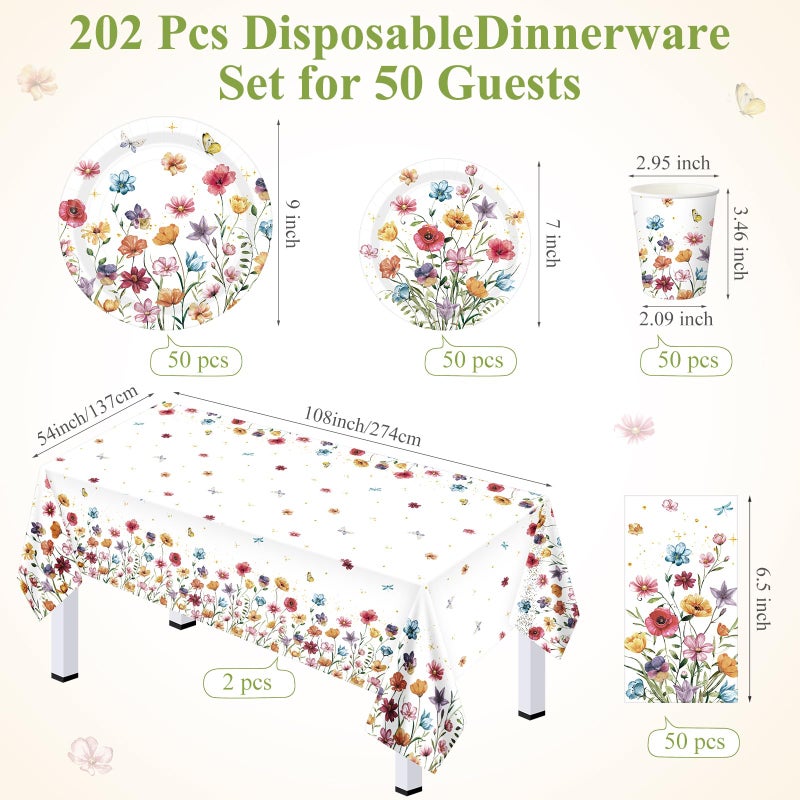 Layhit لائحة 202 قطعة لوازم تزيين حفلات الزهور أطباق ورقية من الزهور مناديل أكواب فراشة غطاء طاولة زهور برية لربيع صيف عيد ميلاد زفاف حفلة (زهور برية 5 ملونة) - Image 3