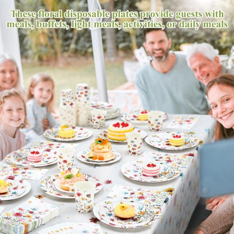 Layhit لائحة 202 قطعة لوازم تزيين حفلات الزهور أطباق ورقية من الزهور مناديل أكواب فراشة غطاء طاولة زهور برية لربيع صيف عيد ميلاد زفاف حفلة (زهور برية 5 ملونة) - Image 4