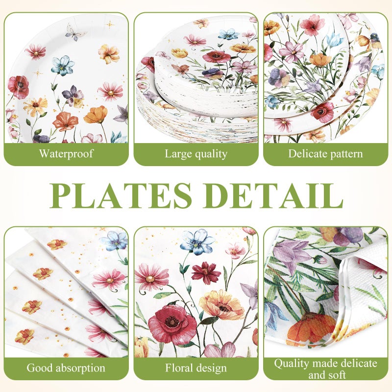 Layhit لائحة 202 قطعة لوازم تزيين حفلات الزهور أطباق ورقية من الزهور مناديل أكواب فراشة غطاء طاولة زهور برية لربيع صيف عيد ميلاد زفاف حفلة (زهور برية 5 ملونة) - Image 2