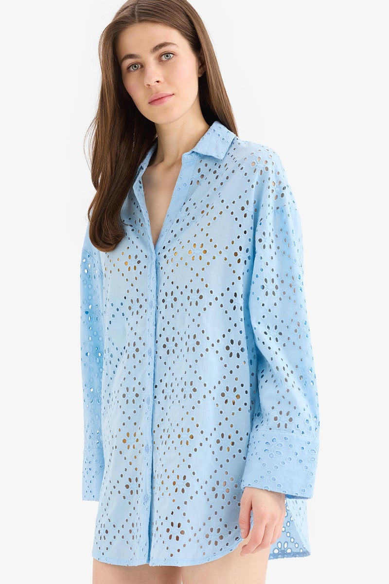 DeFacto Blue Woman Fall in Love Regular Fit Cotton Brode Beach Shirt Casual - Image 4