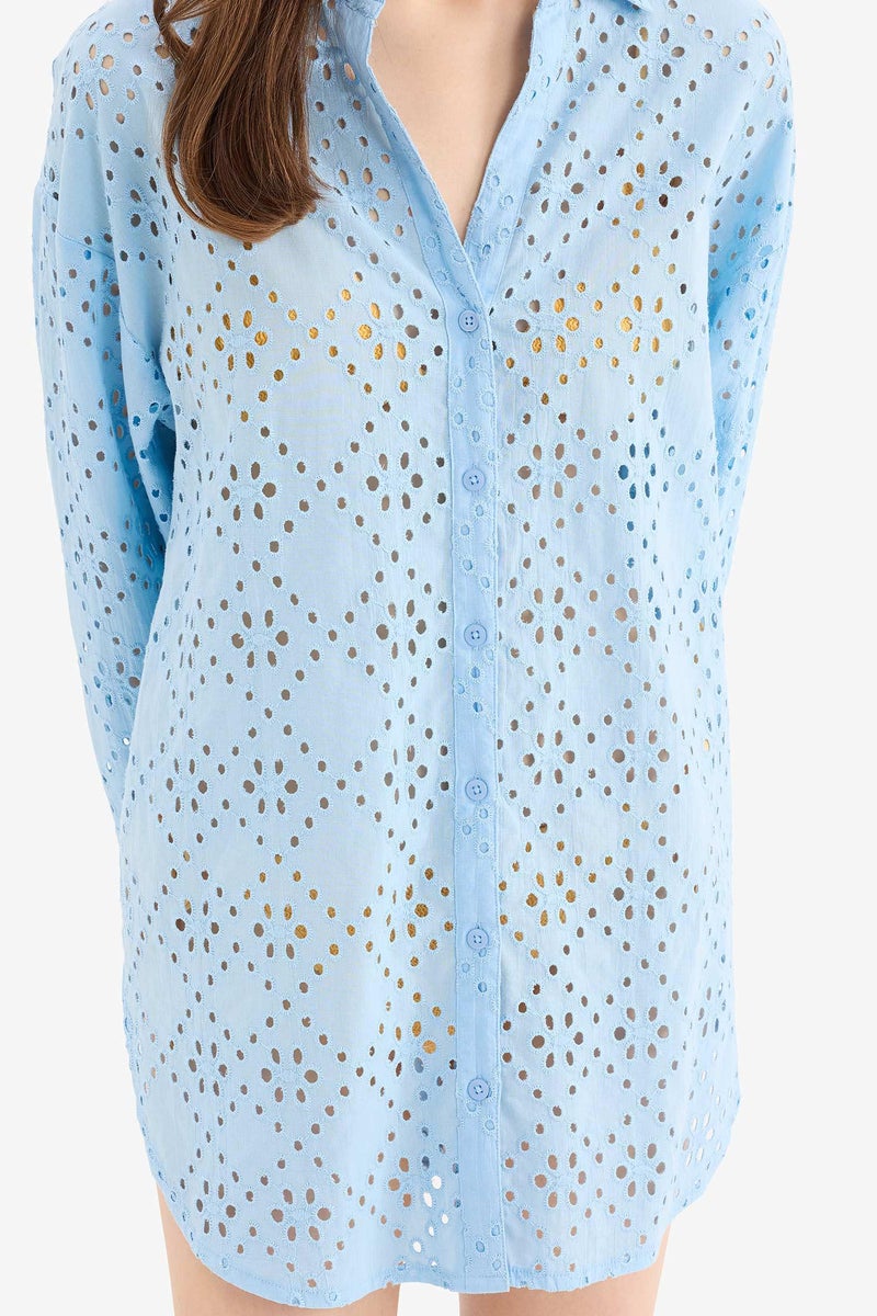 DeFacto Blue Woman Fall in Love Regular Fit Cotton Brode Beach Shirt Casual - Image 5