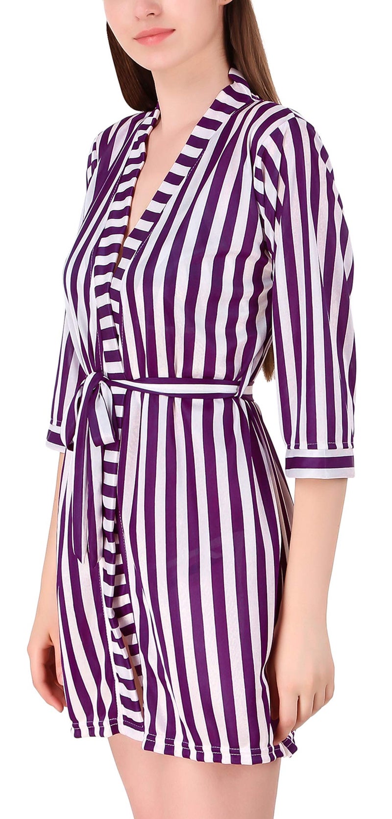 Xs and Os Women's Stripe Satin Mid Thigh Length Nightwear Robe Nightdress with Bra and Panty Lingerie Set with Gift Wrapped (Purple and White, Free Size) - Image 5