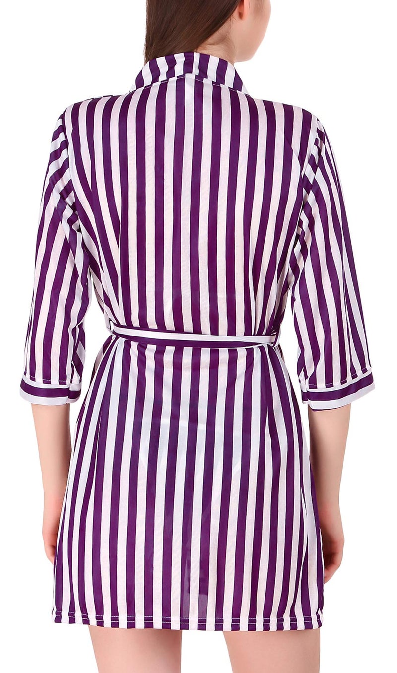 Xs and Os Women's Stripe Satin Mid Thigh Length Nightwear Robe Nightdress with Bra and Panty Lingerie Set with Gift Wrapped (Purple and White, Free Size) - Image 2