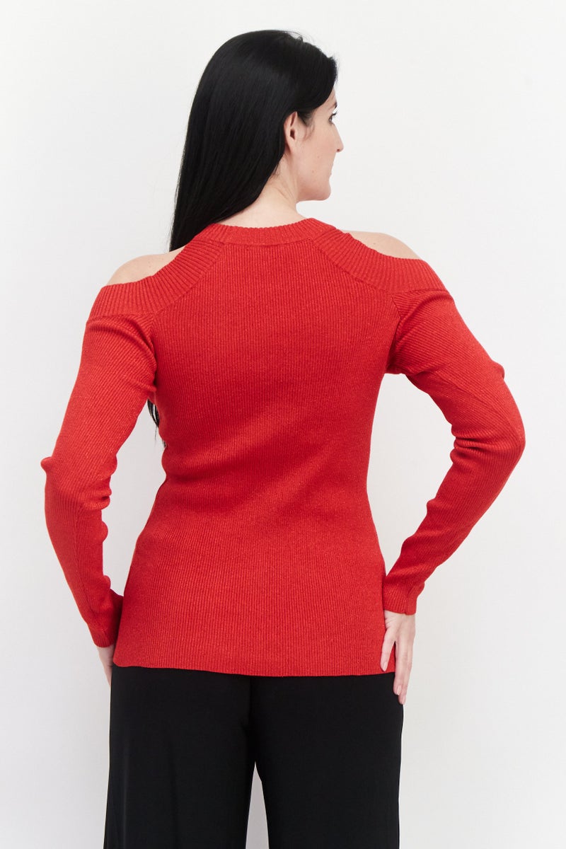 INC Women Round Neck Long Sleeve Ribbed Sweater, Red - Image 3