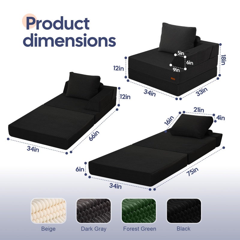 COMAX Folding Sofa Bed, Foldable Couch for Bedroom, Corduroy Convertible Floor Sleeper Futon Chair Foam, 3 in 1 Fold Out Chair Portable Comfy Lounge Couch Single Sofa Bed for Small Space Guest Room - Image 5