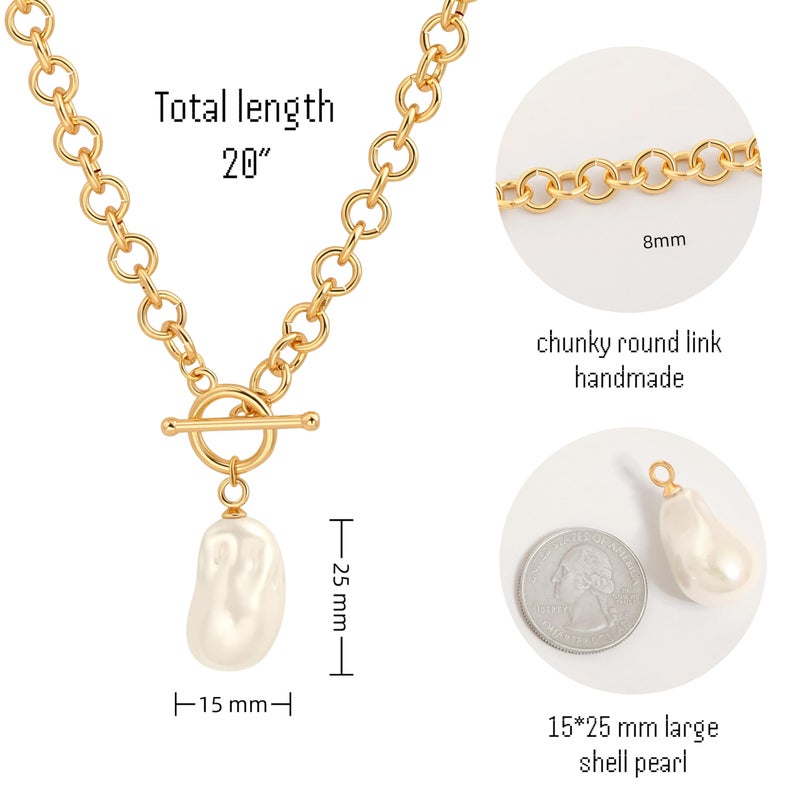 PEARLADA Large Baroque Pearl Pendant Necklace, 18k Gold Plated Chunky Chain Link Necklace for Women, Statement Necklace with Toggle Clasp - Image 4