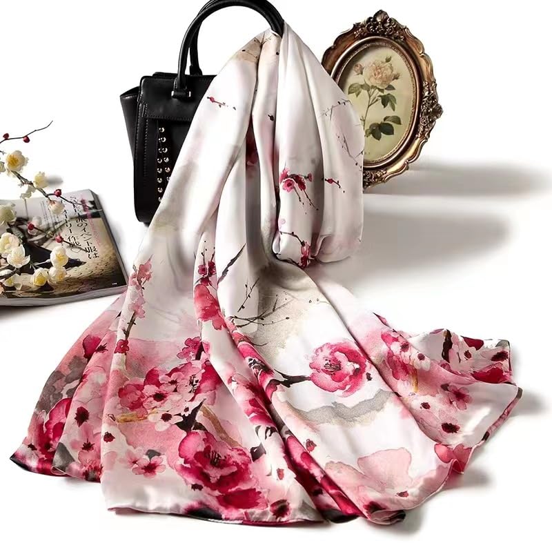 MEISEE 100% Mulberry Silk Long Scarf for Women Large Oblong Sunscreen Shawls Wraps Neck Headscarf Hair Wraps with Gift Packed (White+red flower-2) - Image 2