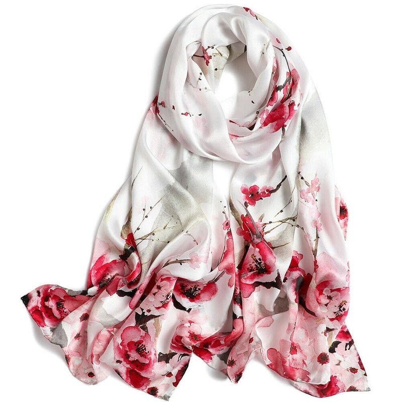 MEISEE 100% Mulberry Silk Long Scarf for Women Large Oblong Sunscreen Shawls Wraps Neck Headscarf Hair Wraps with Gift Packed (White+red flower-2) - Image 1
