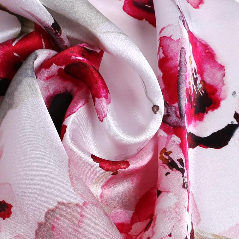 MEISEE 100% Mulberry Silk Long Scarf for Women Large Oblong Sunscreen Shawls Wraps Neck Headscarf Hair Wraps with Gift Packed (White+red flower-2) - Image 3