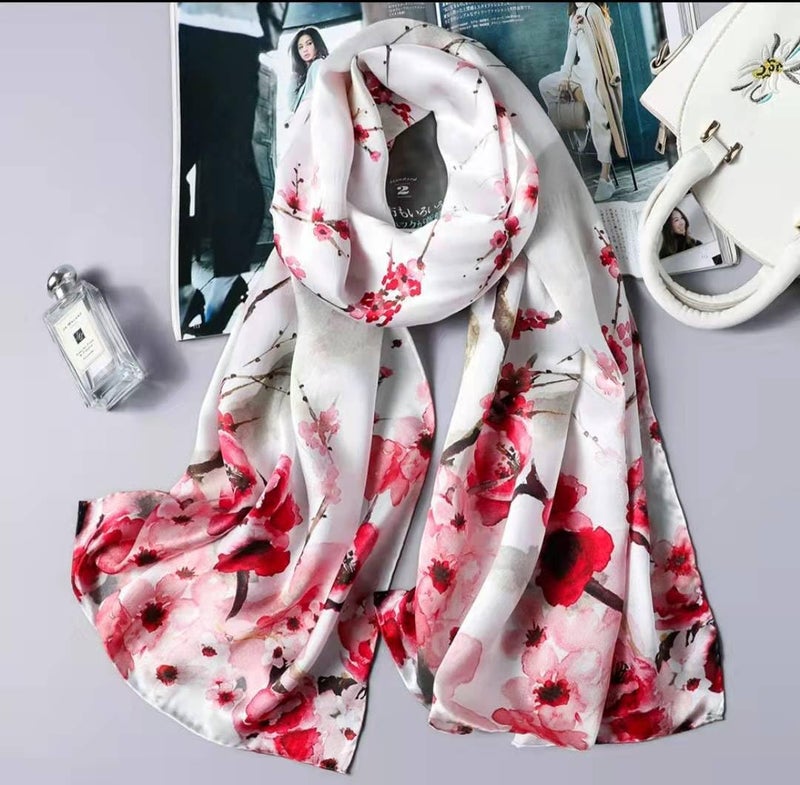 MEISEE 100% Mulberry Silk Long Scarf for Women Large Oblong Sunscreen Shawls Wraps Neck Headscarf Hair Wraps with Gift Packed (White+red flower-2) - Image 4