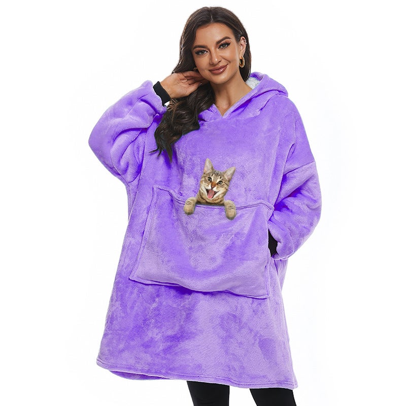 Autumn and Winter Sherpa Comfortable Blanket with Deep Pocket Hoodie Pet Pocket Lazy Blanket Tv Blanket Navy blue - Image 4