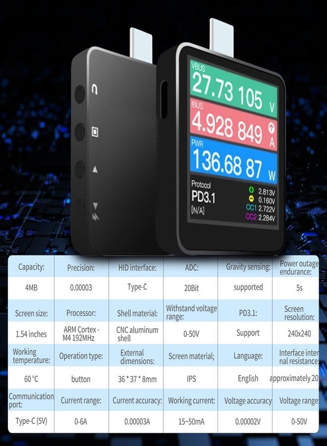 dcvbny Latest Version Supports USB PD3.1 Power-Z KM003C Portable USB-C Fast Charging Tester PD3.1 QC5.0 Digital Voltmeter & Ammeter Power Bank Tester (Up to 50V) - Image 3