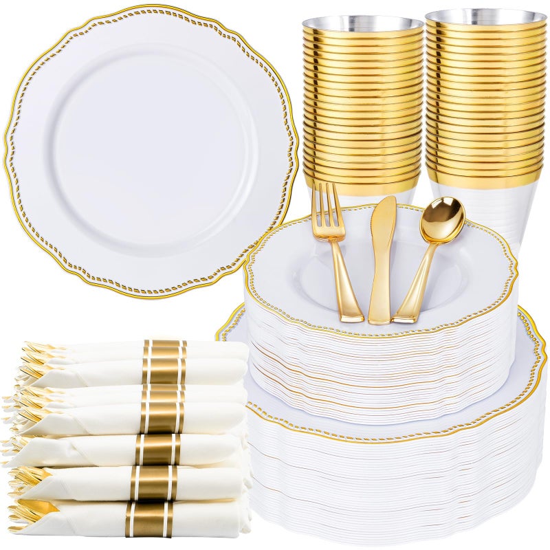 Hioasis 350pcs White and Gold Plastic Plates - Gold Plastic Dinnerware Set Includes 50 Dinner Plates, 50 Dessert Dinnerware, 50 Cups, 50 Rolled Napkin Cutlery Perfect for Wedding & Party - Image 1