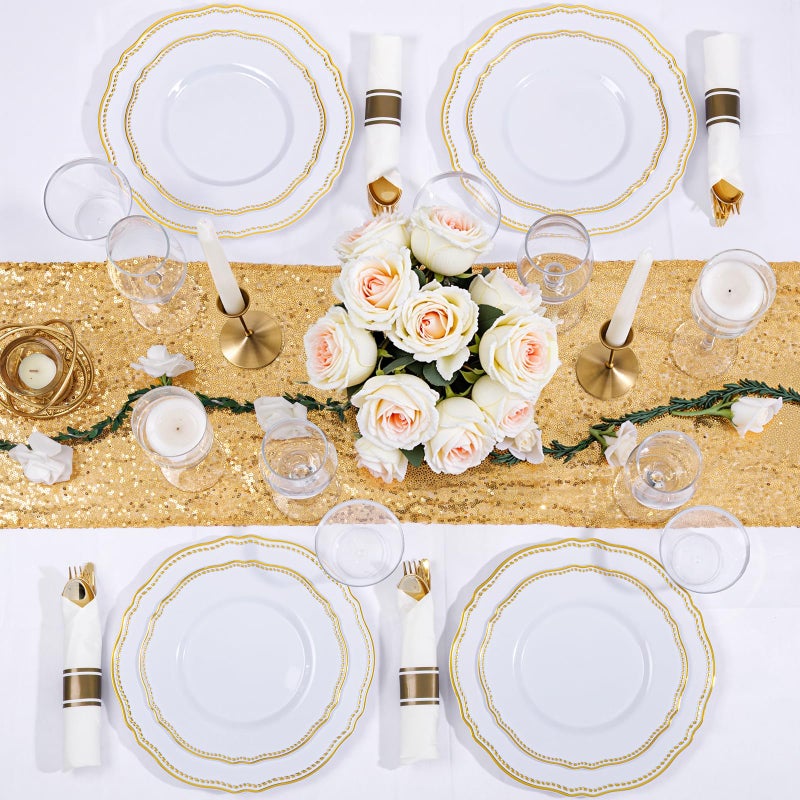 Hioasis 350pcs White and Gold Plastic Plates - Gold Plastic Dinnerware Set Includes 50 Dinner Plates, 50 Dessert Dinnerware, 50 Cups, 50 Rolled Napkin Cutlery Perfect for Wedding & Party - Image 4
