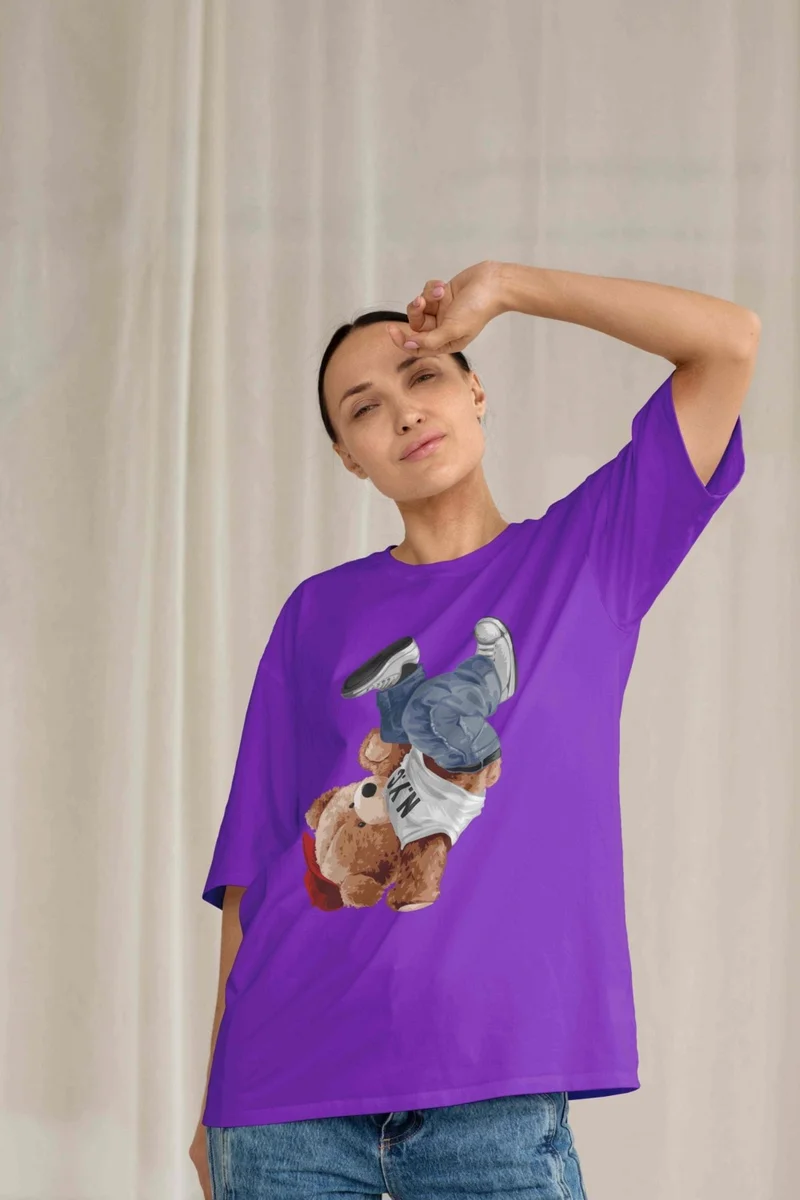 دوغ فش Women's Lilac Teddy Printed Oversize T-Shirt