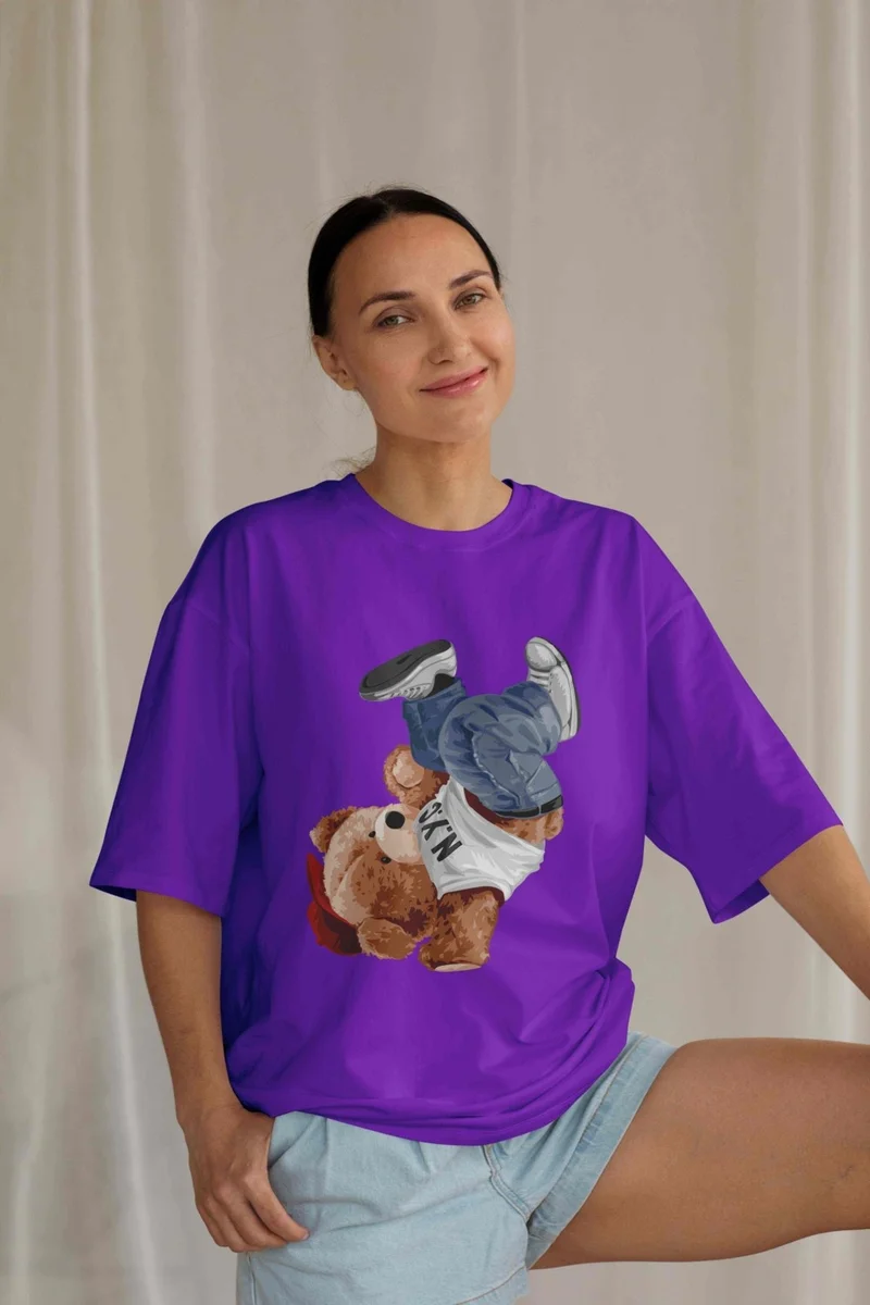 دوغ فش Women's Lilac Teddy Printed Oversize T-Shirt