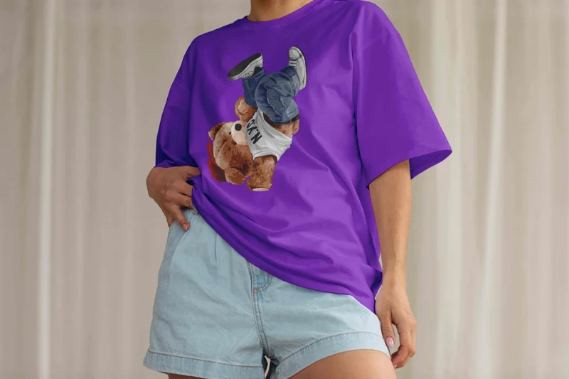 دوغ فش Women's Lilac Teddy Printed Oversize T-Shirt