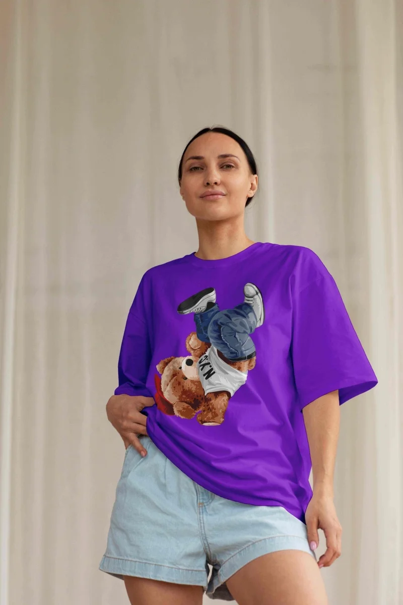 دوغ فش Women's Lilac Teddy Printed Oversize T-Shirt