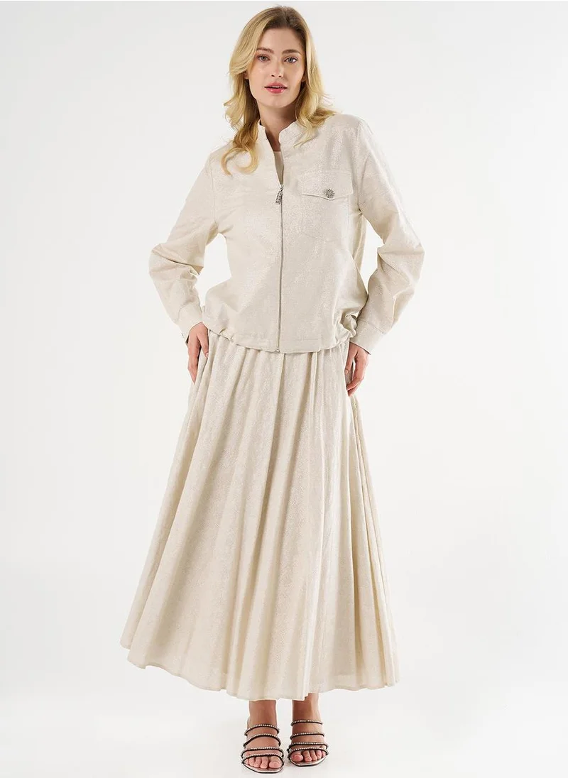 Kayra Jacquard Skirt Set with Shiny Stones in Cream