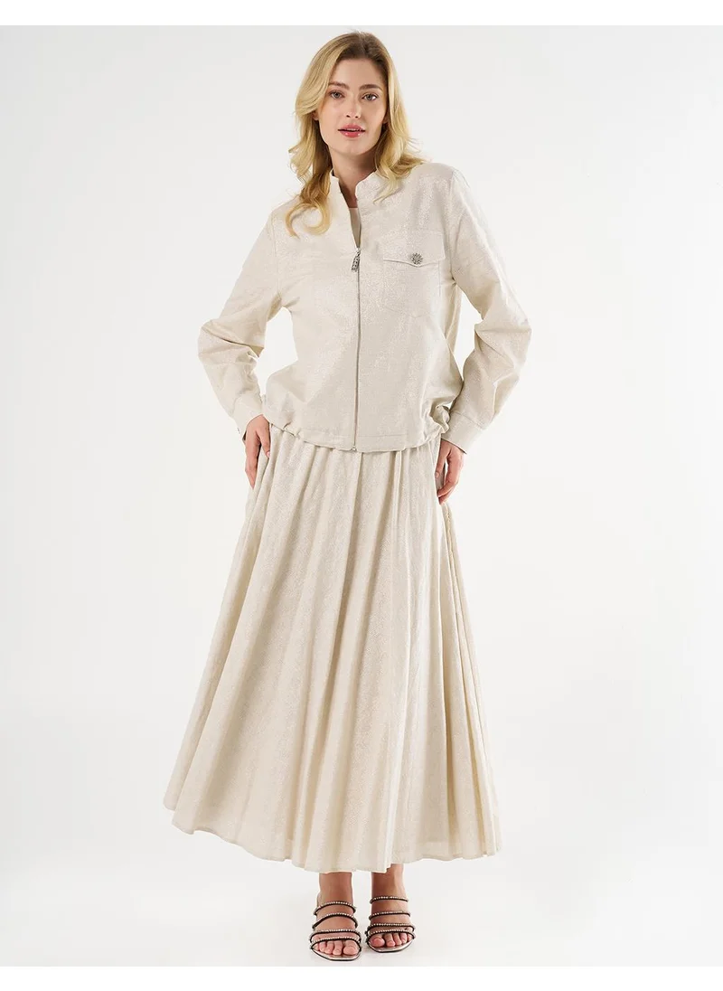 Kayra Jacquard Skirt Set with Shiny Stones in Cream