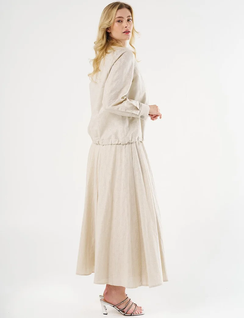 Kayra Jacquard Skirt Set with Shiny Stones in Cream