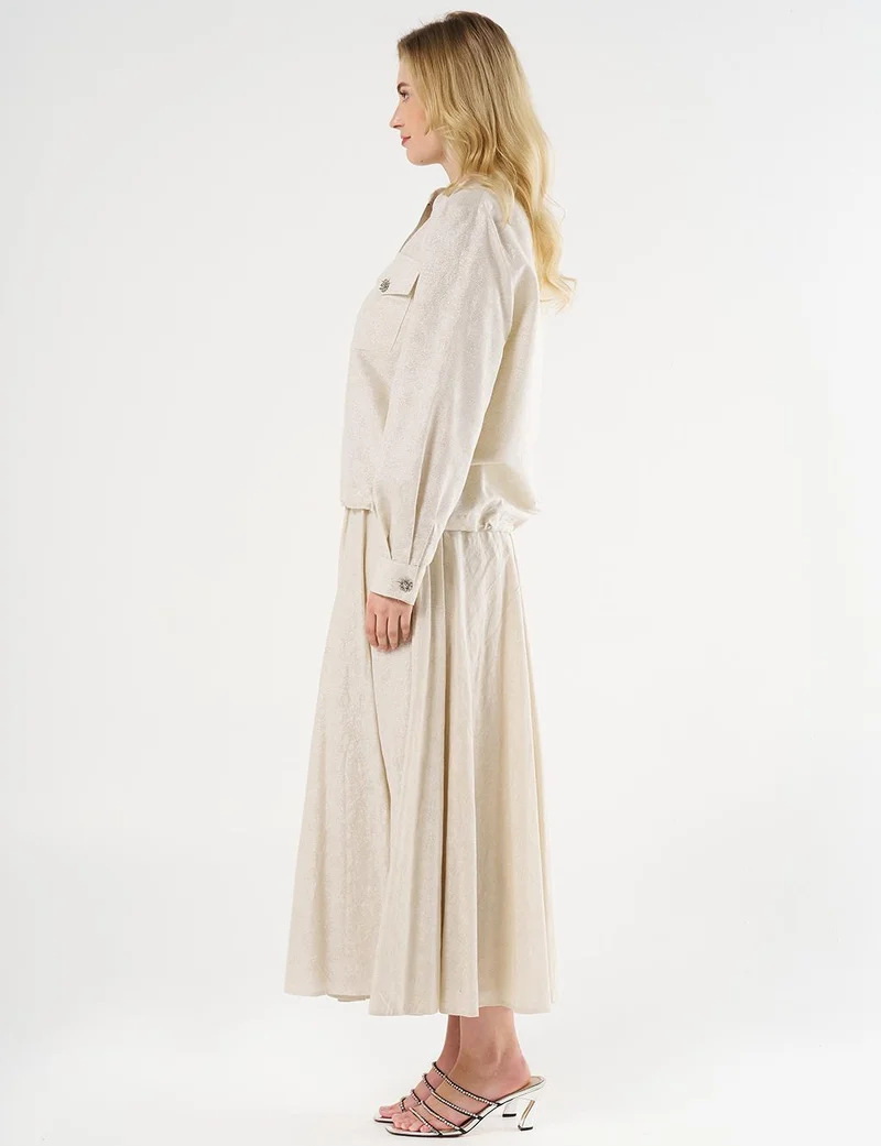 Kayra Jacquard Skirt Set with Shiny Stones in Cream