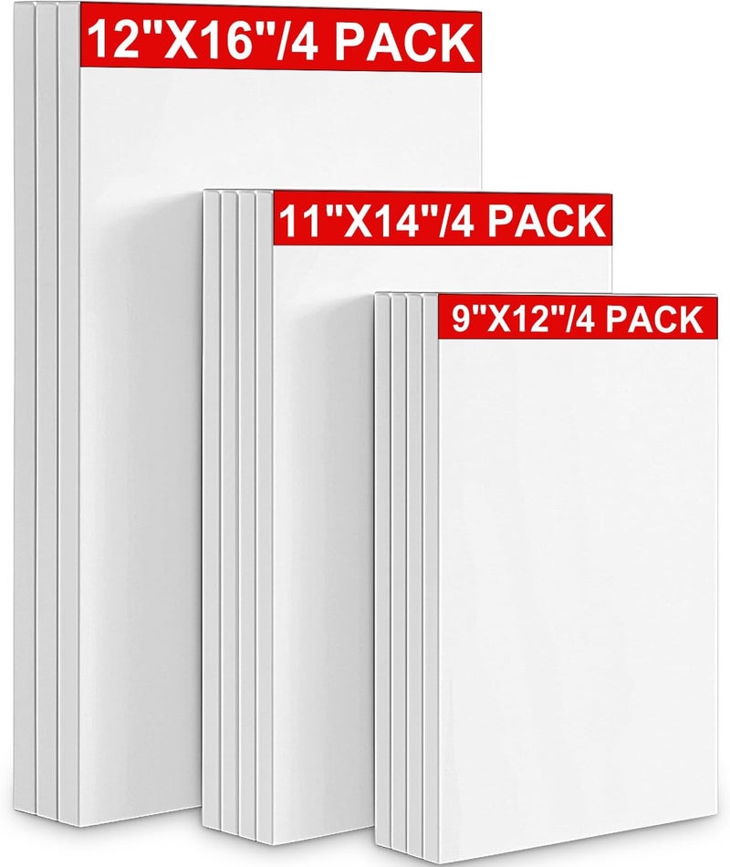 Hestya 12 Pack Stretched Canvas Boards Assorted White Blank Canvas Bulk for Oil Paint Acrylic Paint Watercolor Beginners Artists(9 x 12, 11 x 14, 12 x 16 Inch) - Image 1