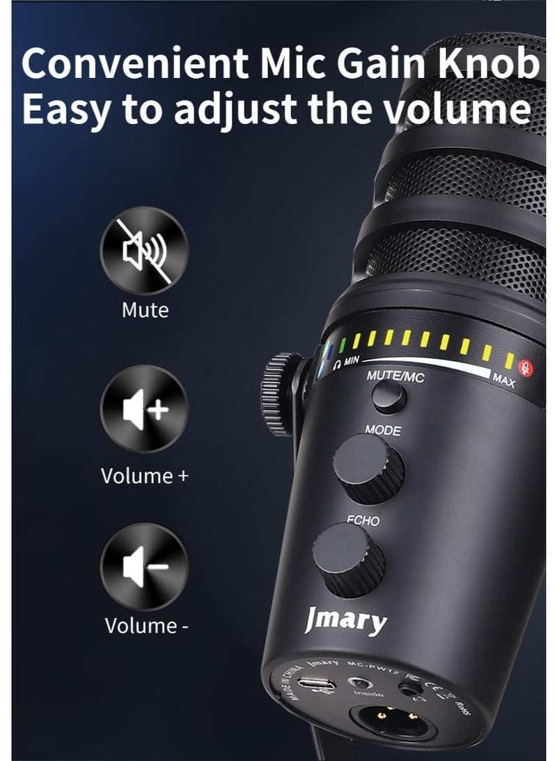 Jmary USB/XLR Podcast Microphone for PC & Laptop – Professional Studio Condenser Mic with One-Touch Mute, Adjustable Gain, Zero-Latency Headphone Monitoring, Cardioid Pattern, Desktop Stand, Plug & Play for Recording, Streaming, Gaming, Voiceovers & Online Meetings - Image 3