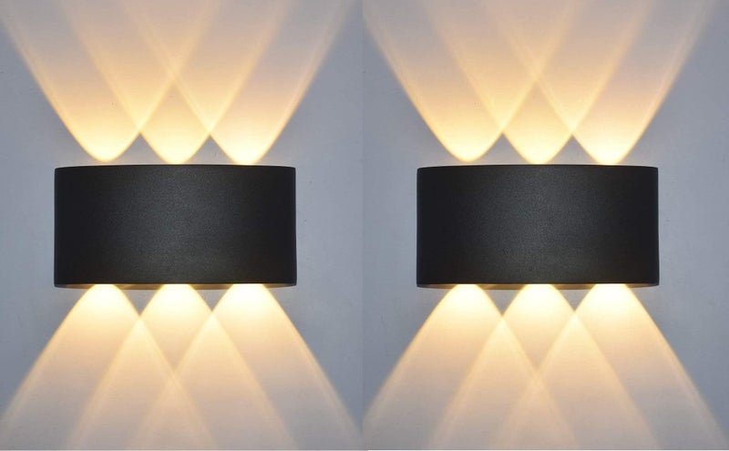 Desidiya® 12 Watts (Pack of 2) 6 Ray Oval Up-Down Outdoor LED Outdoor Waterproof IP65 Exterior Wall Step Light Fixture Waterproof Lamp Warm White, Black Body 6 Way Metal - Image 1
