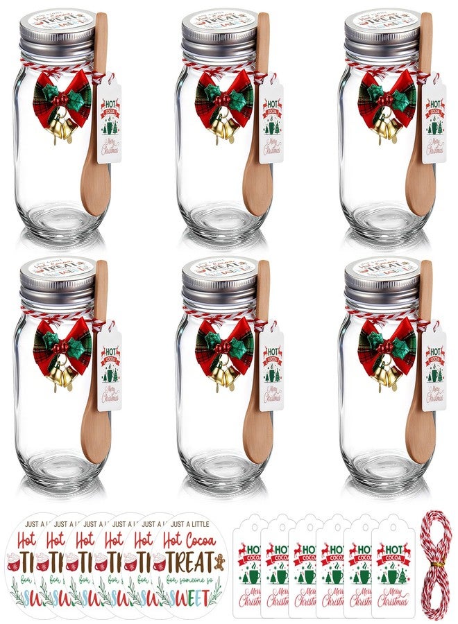 Vesici 6 Pack Hot Cocoa Gift Set Glass with Mason Jars Cork Lids Screw Cap with Silver Wooden Spoons stickers cards for Food Storage Hot Cocoa DIY Christmas Winter Gifts Wedding(16 oz,Screw Cap) - Image 1
