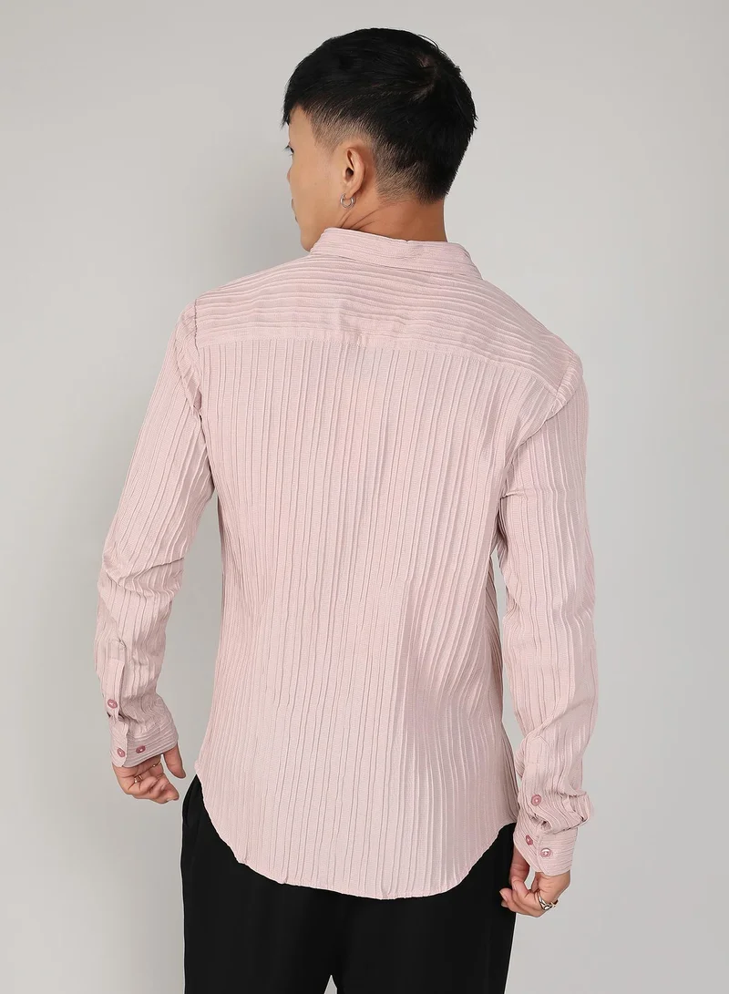 Campus Sutra Men's Blush Pink Self-Design Striped Shirt