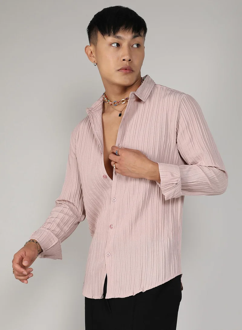 Campus Sutra Men's Blush Pink Self-Design Striped Shirt