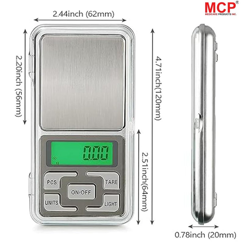MCP Mini Pocket Weighing Scale Precision Digital LED Scale with Auto Calibration and Tare Function 001g to 200g Capacity Silver - Image 2