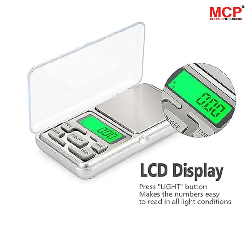 MCP Mini Pocket Weighing Scale Precision Digital LED Scale with Auto Calibration and Tare Function 001g to 200g Capacity Silver - Image 4