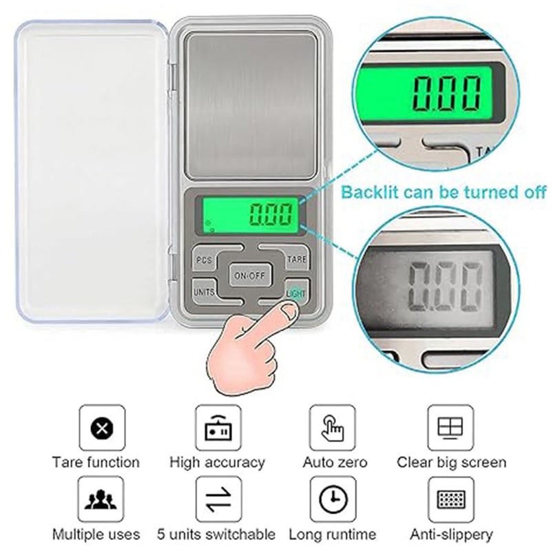MCP Mini Pocket Weighing Scale Precision Digital LED Scale with Auto Calibration and Tare Function 001g to 200g Capacity Silver - Image 3