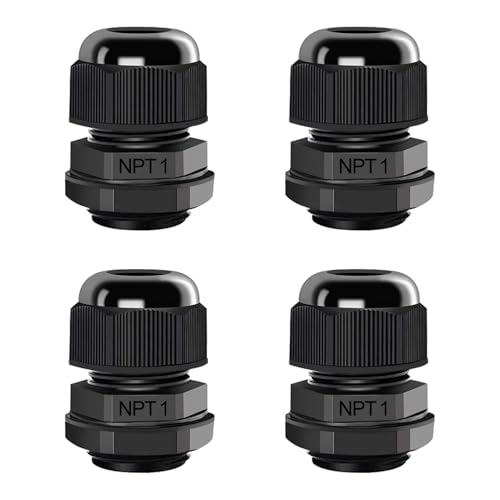 AIRIC 4 Pcs 1" NPT Cable Glands Nylon PA66, IP68 Waterproof Adjustable Power Strain Relief Cord Grips, Junction Box Wire Gland Grip Connectors with Gaskets and Locknut, Black - Image 1