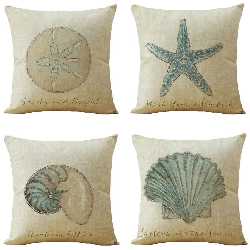 WOMHOPE Set of 4 Throw Pillow Covers Vintage Coastal Nautical Beach Shell Pillow Cases Square Cushion Cases Burlap Toss 18 x 18 Inch for Living Room,Couch and Bed (Blue Starfish) - Image 1