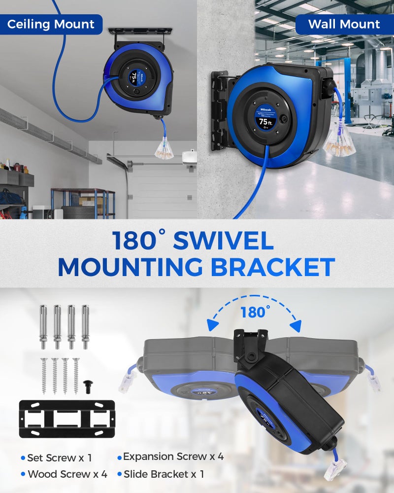 WILAWELS Retractable Cord Reel, 75 FT Heavy Duty Extension Cord, 14AWG/3C SJTOW, 3 Grounded Outlets Lighted Triple Tap, 10A Circuit Breaker, Wall/Ceiling Mounted, UL Listed, Blue U75CR06 - Image 3