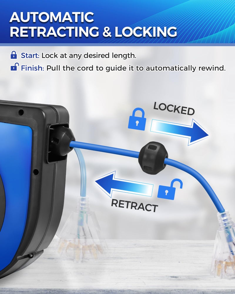 WILAWELS Retractable Cord Reel, 75 FT Heavy Duty Extension Cord, 14AWG/3C SJTOW, 3 Grounded Outlets Lighted Triple Tap, 10A Circuit Breaker, Wall/Ceiling Mounted, UL Listed, Blue U75CR06 - Image 4