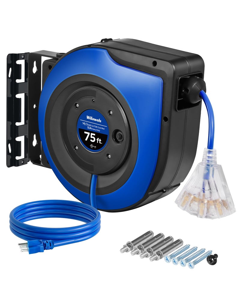 WILAWELS Retractable Cord Reel, 75 FT Heavy Duty Extension Cord, 14AWG/3C SJTOW, 3 Grounded Outlets Lighted Triple Tap, 10A Circuit Breaker, Wall/Ceiling Mounted, UL Listed, Blue U75CR06 - Image 1