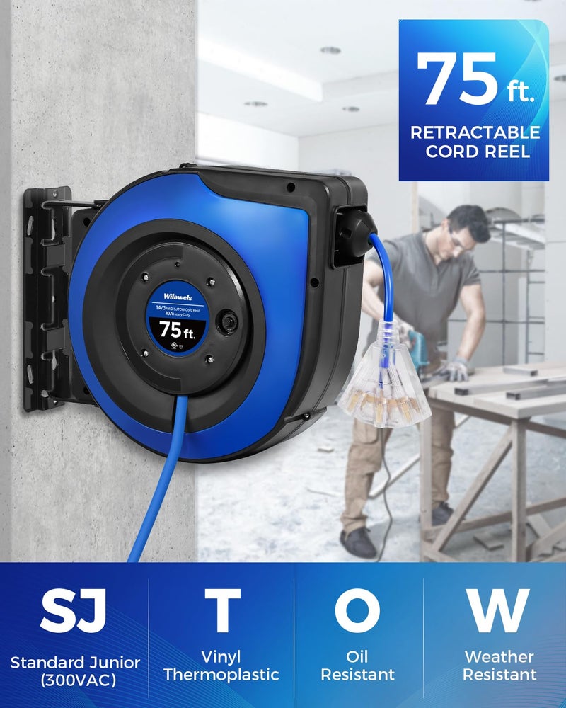 WILAWELS Retractable Cord Reel, 75 FT Heavy Duty Extension Cord, 14AWG/3C SJTOW, 3 Grounded Outlets Lighted Triple Tap, 10A Circuit Breaker, Wall/Ceiling Mounted, UL Listed, Blue U75CR06 - Image 2