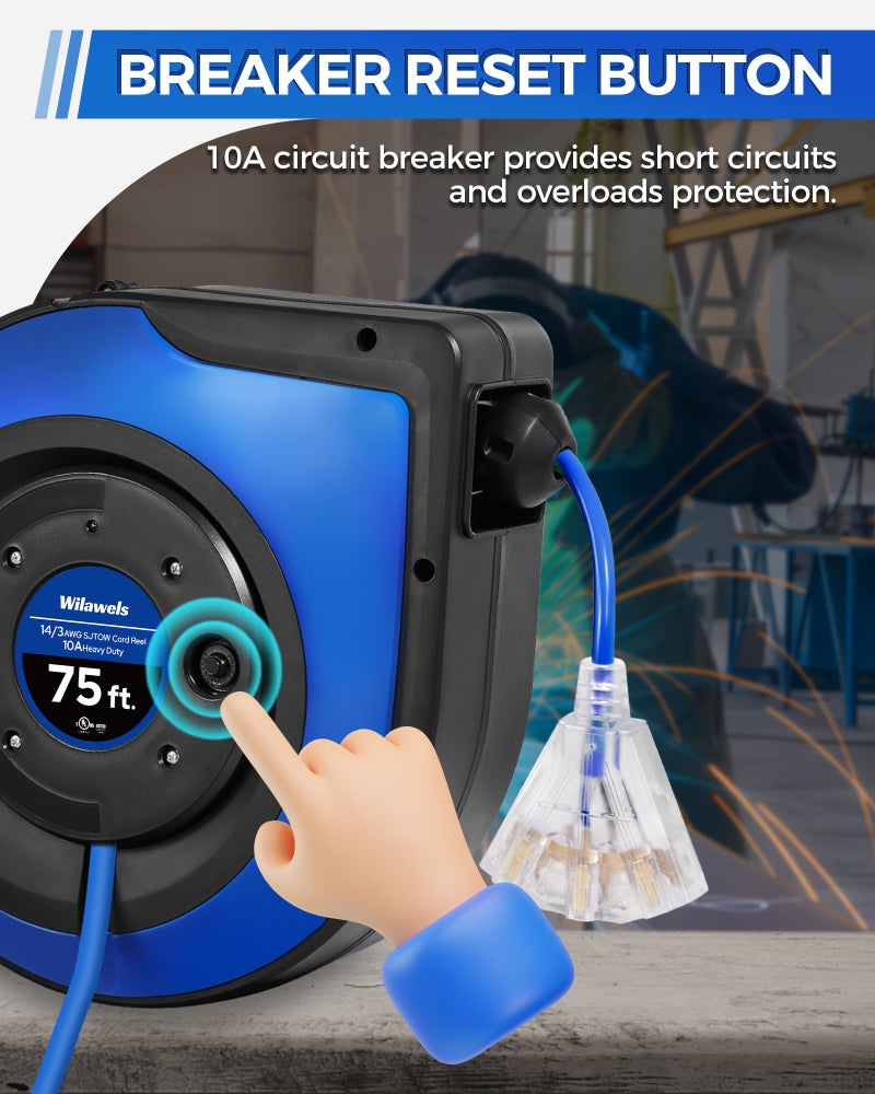 WILAWELS Retractable Cord Reel, 75 FT Heavy Duty Extension Cord, 14AWG/3C SJTOW, 3 Grounded Outlets Lighted Triple Tap, 10A Circuit Breaker, Wall/Ceiling Mounted, UL Listed, Blue U75CR06 - Image 5