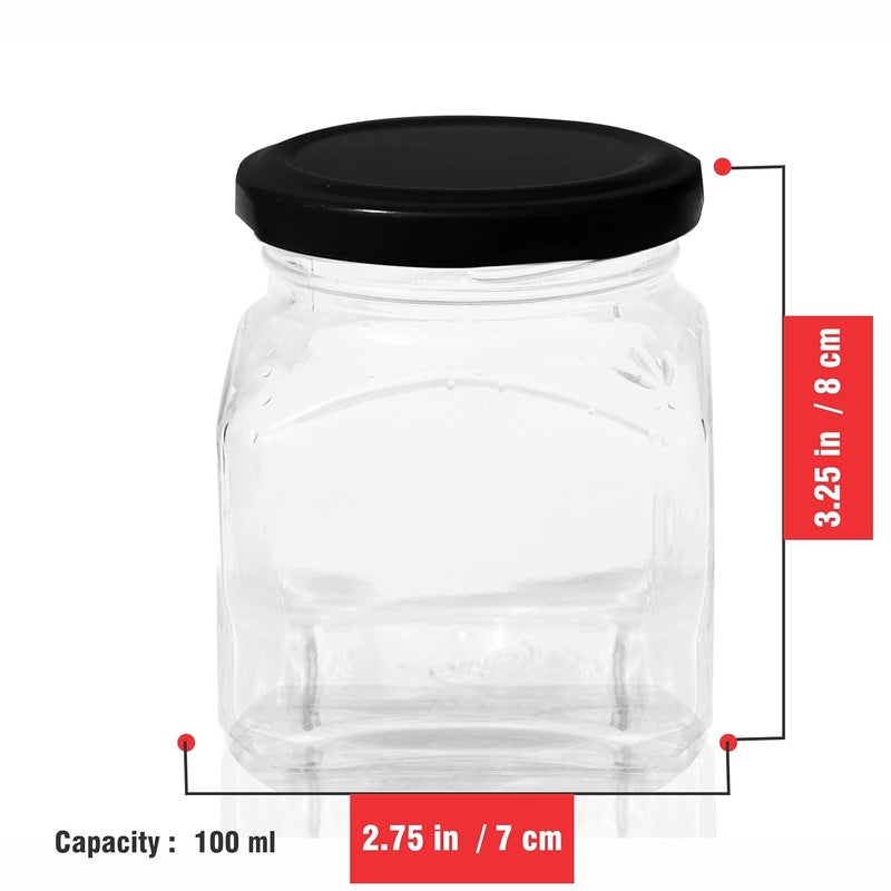 Pure Source India Pure Source India Crystal Clear Glass Jar Container Airtight/Food Grade/Rust Free with Black Cap – 100 Gm, Clear (4Pcs) (Square)  - Image 3