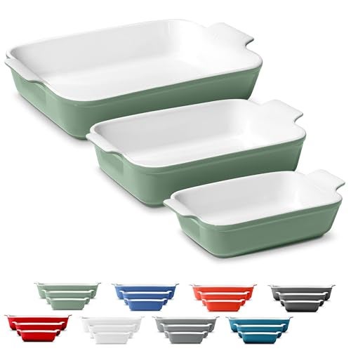ROSSALLINI Stoneware Casserole Dish Bakeware Set of 3 | Rectangular Dinnerware Set with Handles [Sage Green] - Image 1