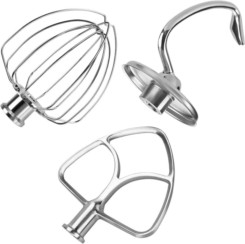 أم موبيل مجموعة من 3 قطع ملحقات من الفولاذ المقاوم للصدأ لخلاطات KitchenAid سعة 4.5-5 كوارت ذات الرأس المائل من سلسلة Artisan & Classic من – خفاقة سلكية 6 أسلاك K45، مضرب مسطح وخطاف عجين – آمن للغسل في غسالة الأطباق - Image 1