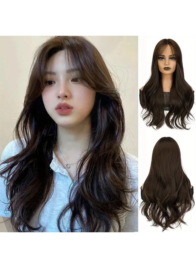Long Body Wave Wig With Bangs 28 Inch Cool Brown Heat Resistant Synthetic Hair - Image 3