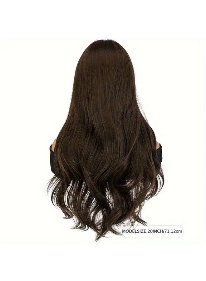 Long Body Wave Wig With Bangs 28 Inch Cool Brown Heat Resistant Synthetic Hair - Image 4