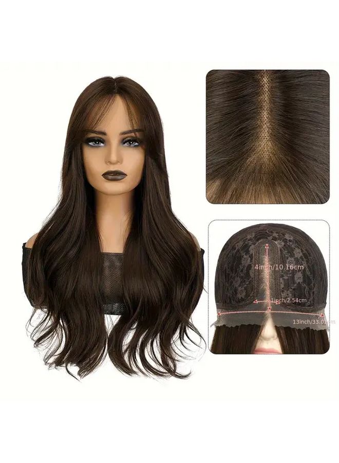 Long Body Wave Wig With Bangs 28 Inch Cool Brown Heat Resistant Synthetic Hair - Image 1