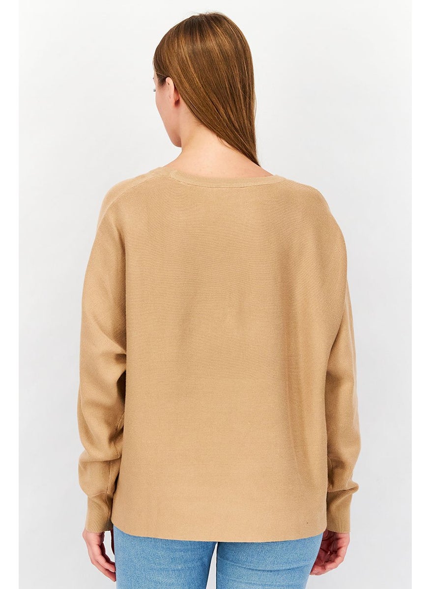 Tchibo - Women Round Neck Long Sleeves Knit Sweater, Dark Beige - Image 1