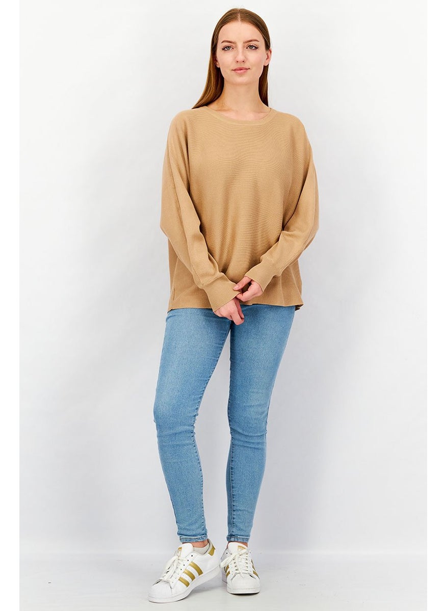 Tchibo - Women Round Neck Long Sleeves Knit Sweater, Dark Beige - Image 1